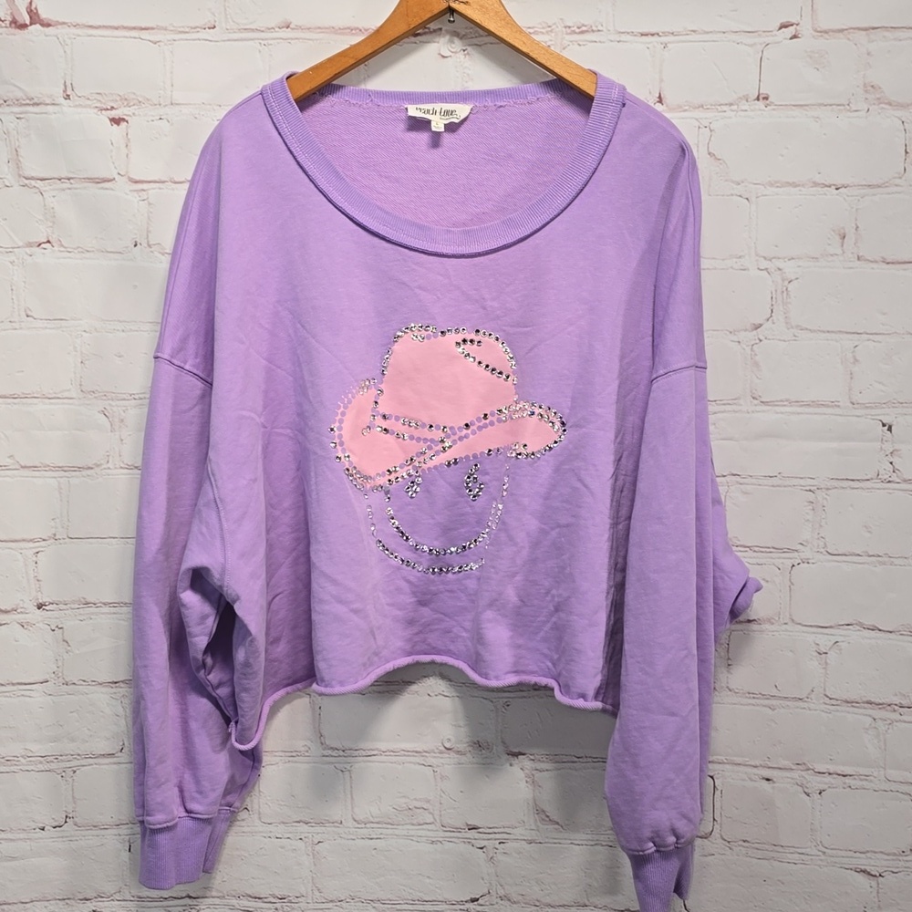 Peach Love Smiley Rhinestone Cowgirl Hat Cropped Sweatshirt Oversized Womens L